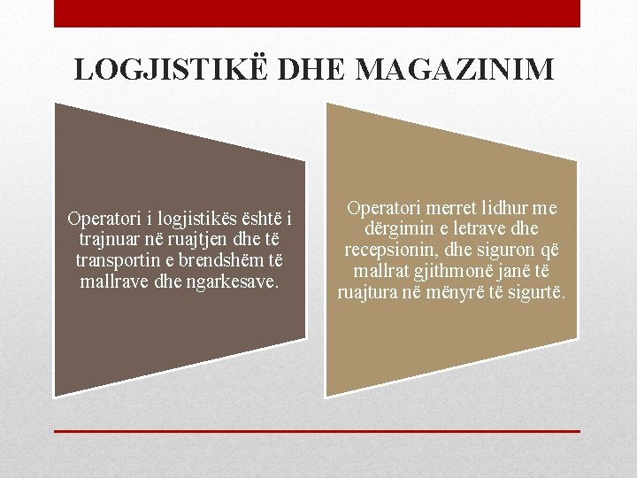 LOGJISTIKË DHE MAGAZINIM Operatori i logjistikës është i trajnuar në ruajtjen dhe të transportin