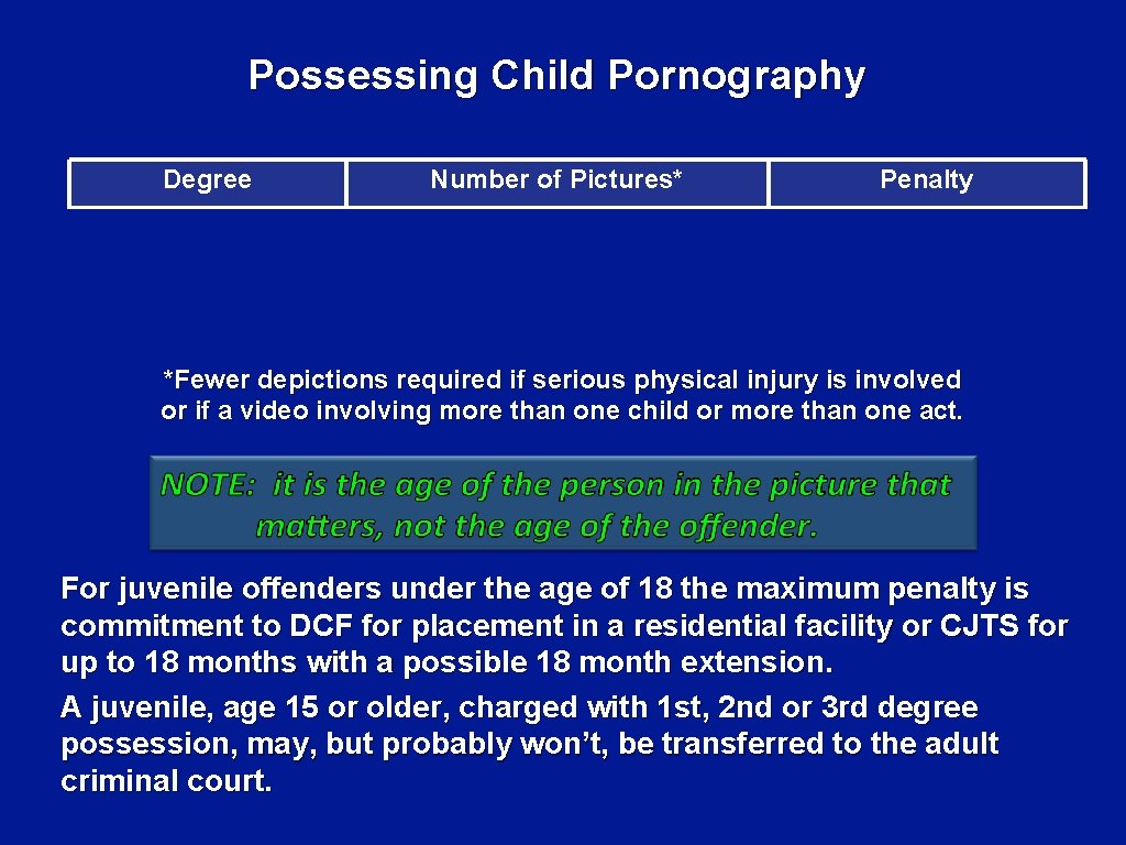 Possessing Child Pornography Degree Number of Pictures* Penalty 3 rd less than 20 1