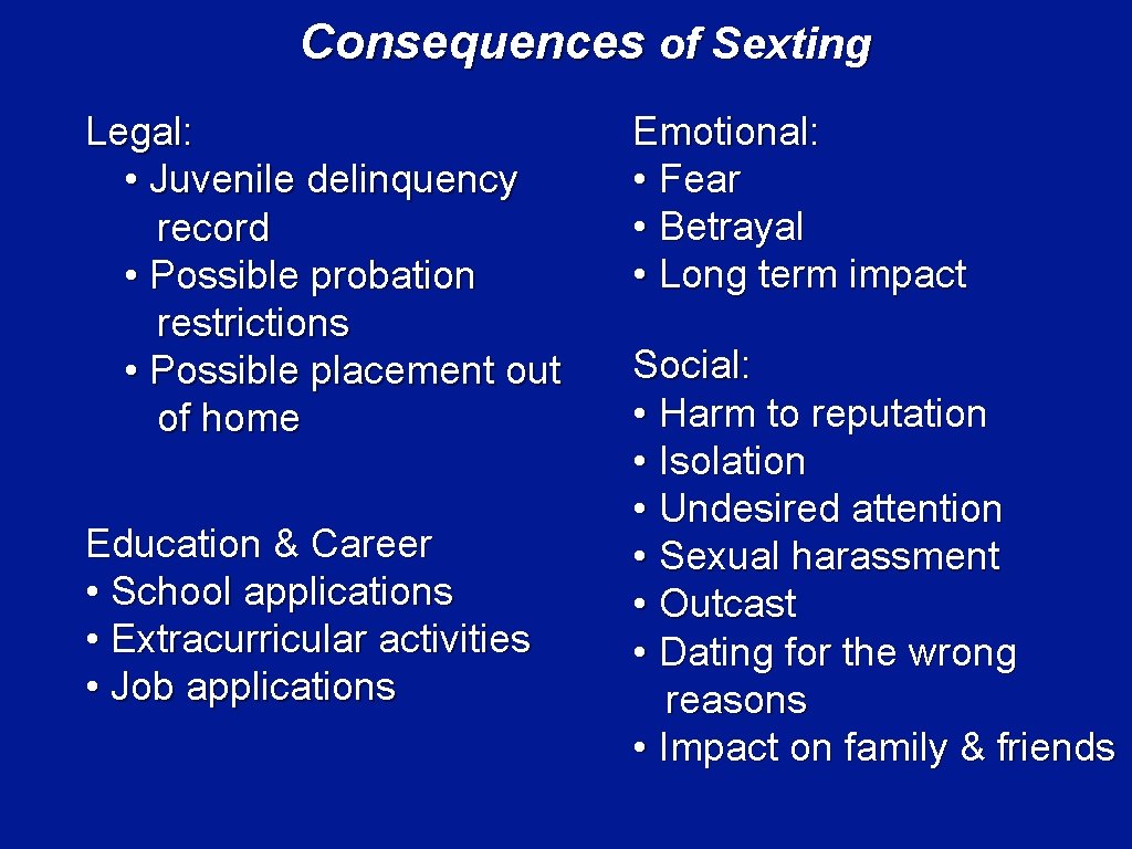 Consequences of Sexting Legal: • Juvenile delinquency record • Possible probation restrictions • Possible