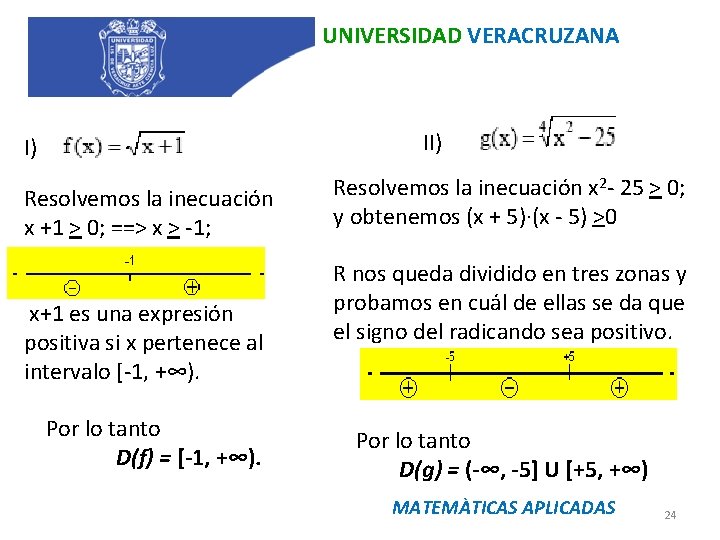 UNIVERSIDAD VERACRUZANA I) Resolvemos la inecuación x +1 > 0; ==> x > -1;