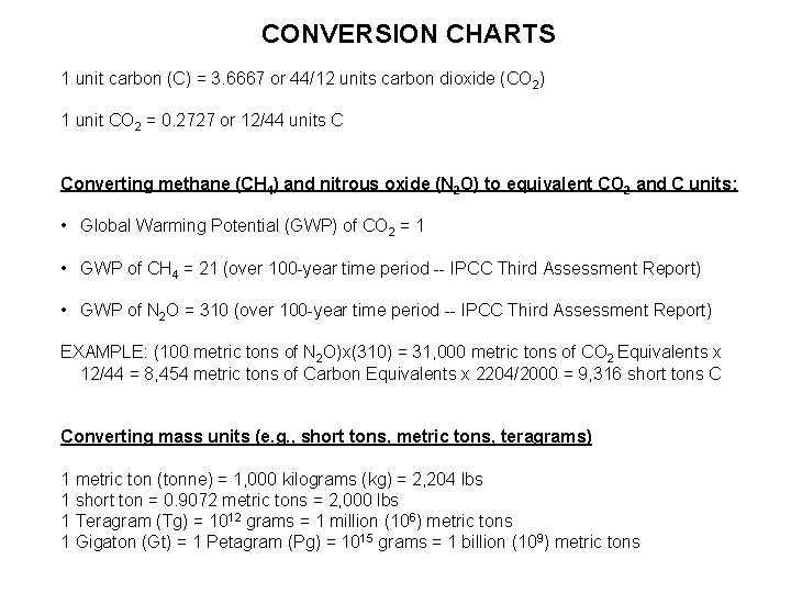 CONVERSION CHARTS 1 unit carbon (C) = 3. 6667 or 44/12 units carbon dioxide