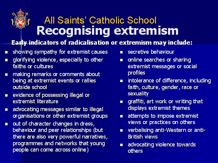 All Saints’ Catholic School Recognising extremism Early indicators of radicalisation or extremism may include: