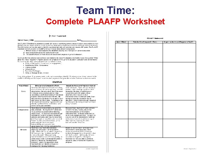 Team Time: Complete PLAAFP Worksheet 