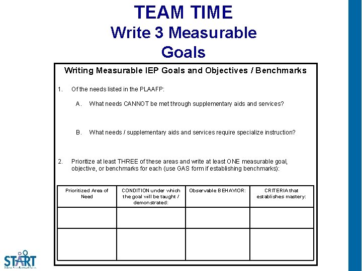 TEAM TIME Write 3 Measurable Goals Writing Measurable IEP Goals and Objectives / Benchmarks