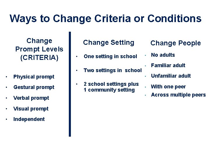 Ways to Change Criteria or Conditions Change Prompt Levels (CRITERIA) Change Setting • •