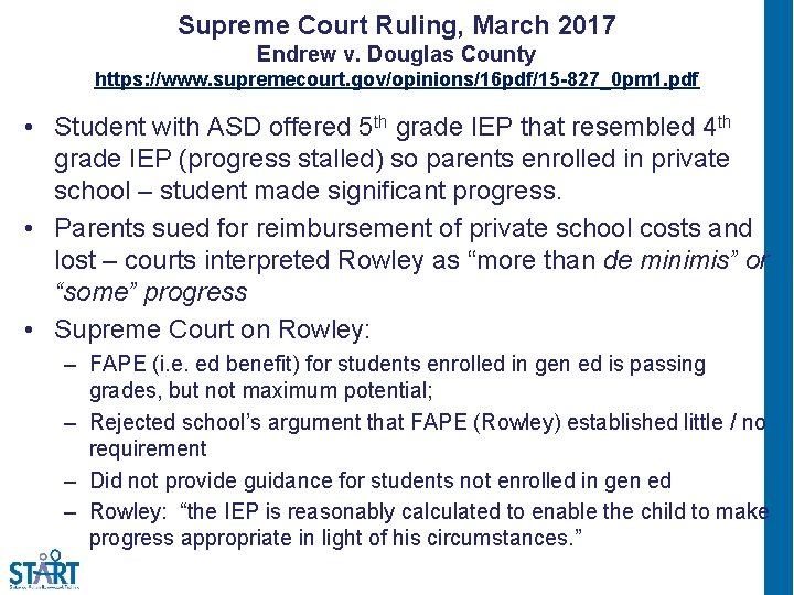 Supreme Court Ruling, March 2017 Endrew v. Douglas County https: //www. supremecourt. gov/opinions/16 pdf/15