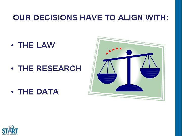 OUR DECISIONS HAVE TO ALIGN WITH: • THE LAW • THE RESEARCH • THE