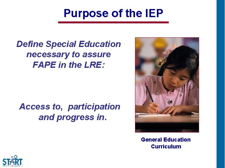 Purpose of the IEP Define Special Education necessary to assure FAPE in the LRE: