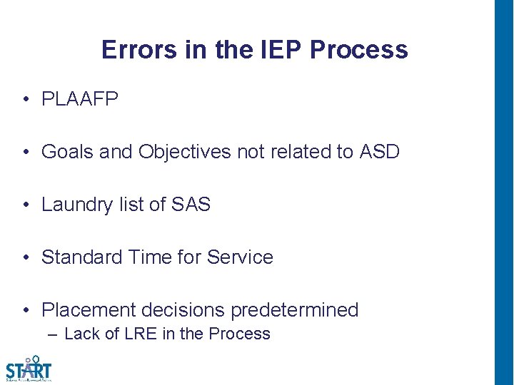 Errors in the IEP Process • PLAAFP • Goals and Objectives not related to