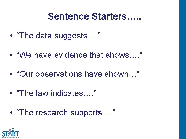 Sentence Starters…. . • “The data suggests…. ” • “We have evidence that shows….