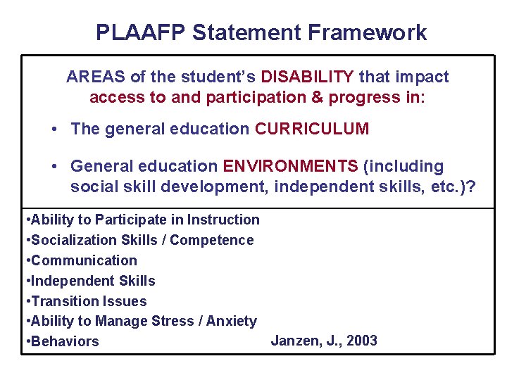 PLAAFP Statement Framework AREAS of the student’s DISABILITY that impact access to and participation