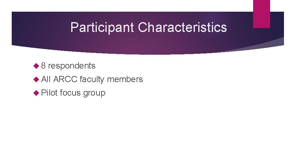 Participant Characteristics 8 respondents All ARCC faculty members Pilot focus group Participant Characteristics 8 respondents All ARCC faculty members Pilot focus group