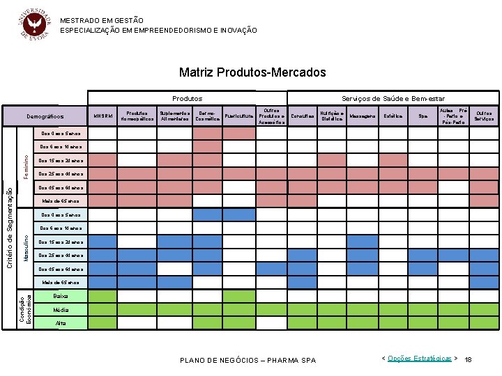 MESTRADO EM GESTÃO ESPECIALIZAÇÃO EM EMPREENDEDORISMO E INOVAÇÃO Matriz Produtos-Mercados Produtos Demográficos MNSRM Produtos