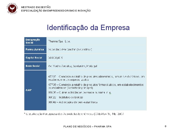 MESTRADO EM GESTÃO ESPECIALIZAÇÃO EM EMPREENDEDORISMO E INOVAÇÃO Identificação da Empresa PLANO DE NEGÓCIOS