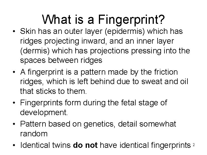 What is a Fingerprint? • Skin has an outer layer (epidermis) which has ridges