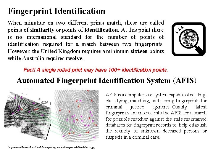 Fingerprint Identification When minutiae on two different prints match, these are called points of