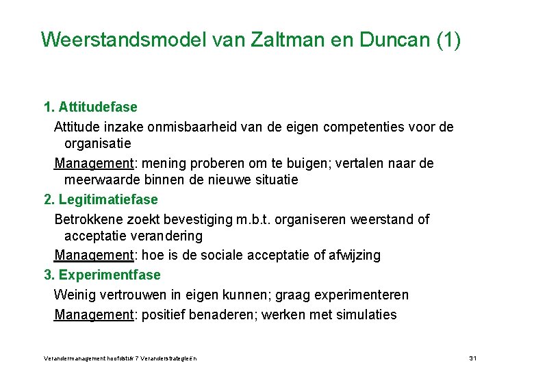 Weerstandsmodel van Zaltman en Duncan (1) 1. Attitudefase Attitude inzake onmisbaarheid van de eigen