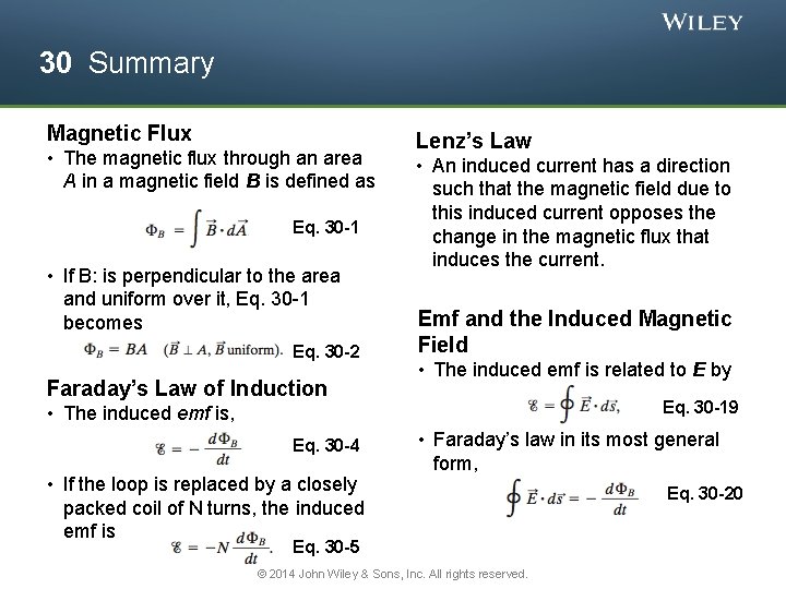 30 Summary Magnetic Flux • The magnetic flux through an area A in a