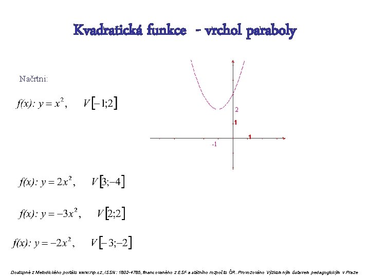 Kvadratická funkce - vrchol paraboly Načrtni: 2 -1 Dostupné z Metodického portálu www. rvp.