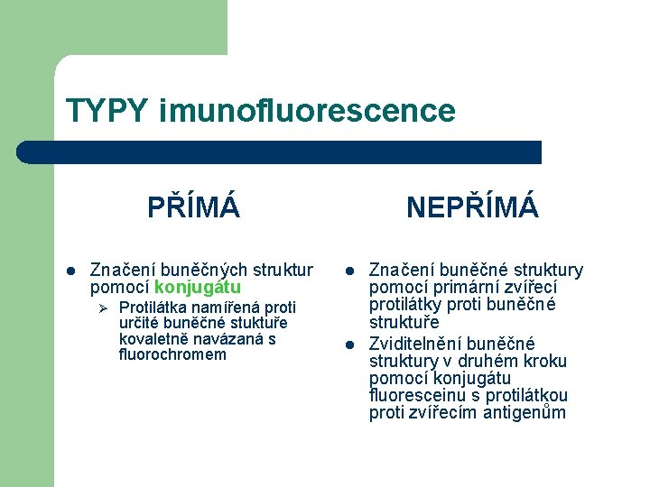 TYPY imunofluorescence PŘÍMÁ l Značení buněčných struktur pomocí konjugátu Ø Protilátka namířená proti určité