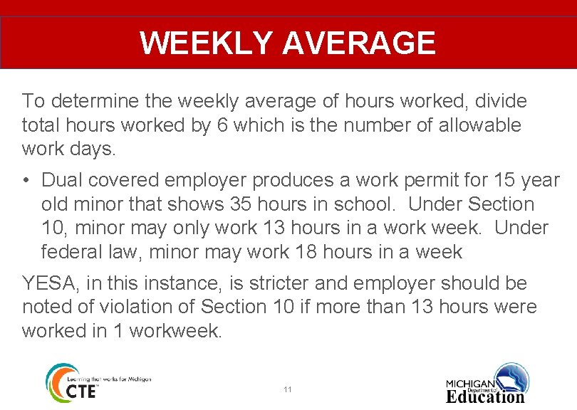 WEEKLY AVERAGE To determine the weekly average of hours worked, divide total hours worked