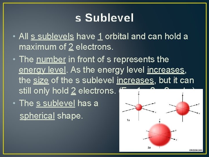 s Sublevel • All s sublevels have 1 orbital and can hold a maximum