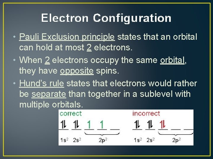 Electron Configuration • Pauli Exclusion principle states that an orbital can hold at most