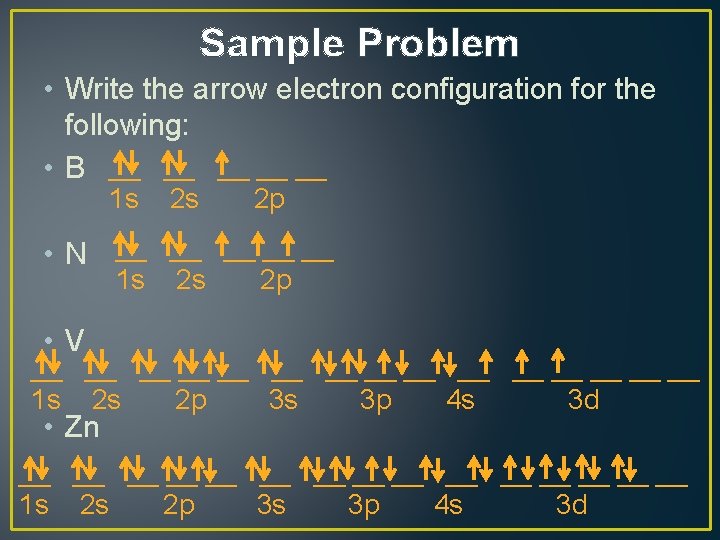 Sample Problem • Write the arrow electron configuration for the following: • B __