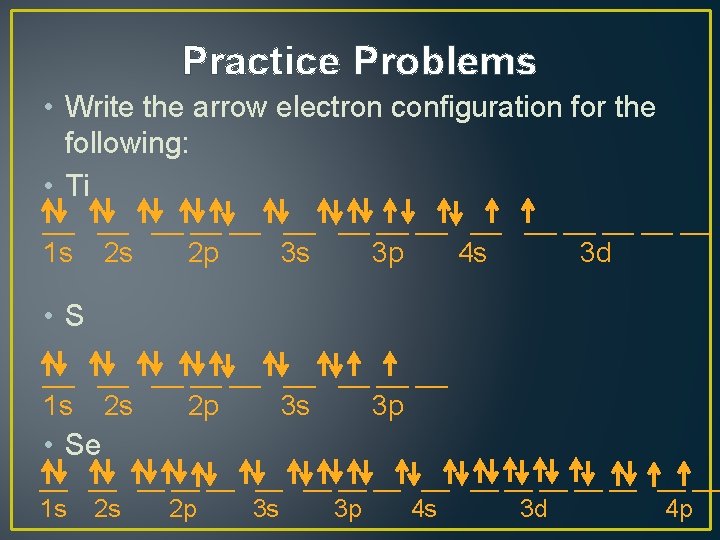 Practice Problems • Write the arrow electron configuration for the following: • Ti __
