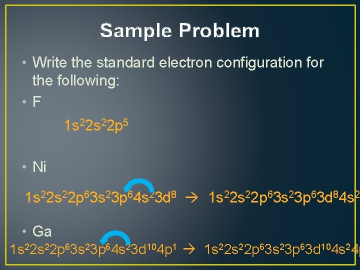 Sample Problem • Write the standard electron configuration for the following: • F 1
