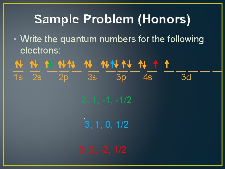 Sample Problem (Honors) • Write the quantum numbers for the following electrons: __ __