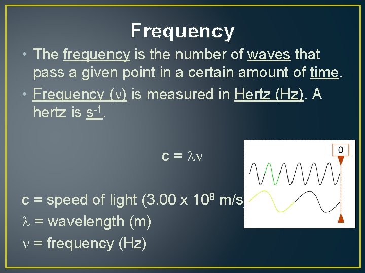 Frequency • The frequency is the number of waves that pass a given point