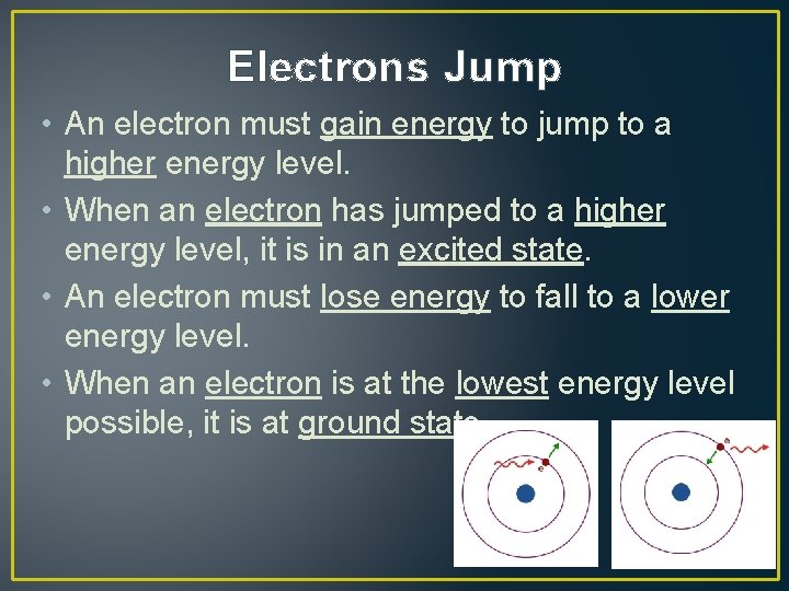 Electrons Jump • An electron must gain energy to jump to a higher energy