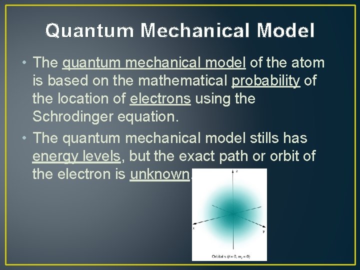 Quantum Mechanical Model • The quantum mechanical model of the atom is based on