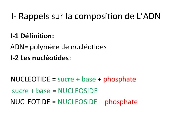 I- Rappels sur la composition de L’ADN I-1 Définition: ADN= polymère de nucléotides I-2