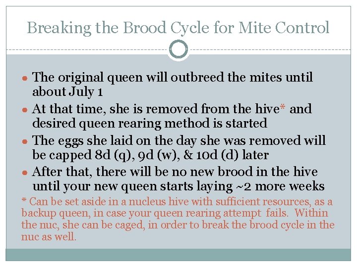 Breaking the Brood Cycle for Mite Control ● The original queen will outbreed the Breaking the Brood Cycle for Mite Control ● The original queen will outbreed the