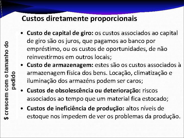 $ crescem com o tamanho do pedido Custos diretamente proporcionais • Custo de capital $ crescem com o tamanho do pedido Custos diretamente proporcionais • Custo de capital