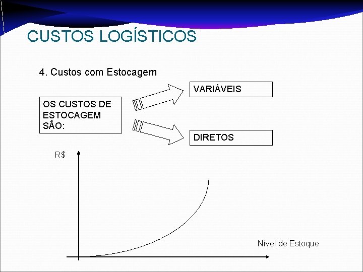 CUSTOS LOGÍSTICOS 4. Custos com Estocagem VARIÁVEIS OS CUSTOS DE ESTOCAGEM SÃO: DIRETOS R$ CUSTOS LOGÍSTICOS 4. Custos com Estocagem VARIÁVEIS OS CUSTOS DE ESTOCAGEM SÃO: DIRETOS R$
