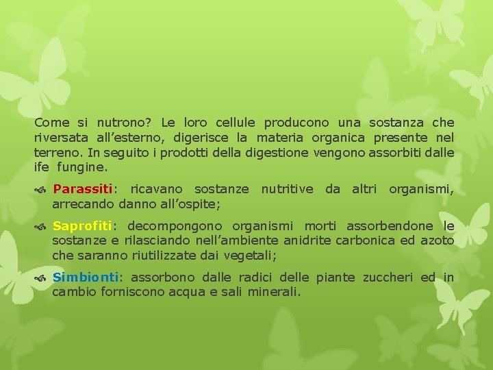 Come si nutrono? Le loro cellule producono una sostanza che riversata all’esterno, digerisce la