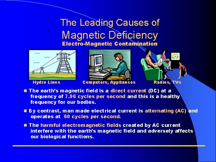 The Leading Causes of Magnetic Deficiency Electro-Magnetic Contamination Hydro Lines Computers, Appliances Radios, TVs