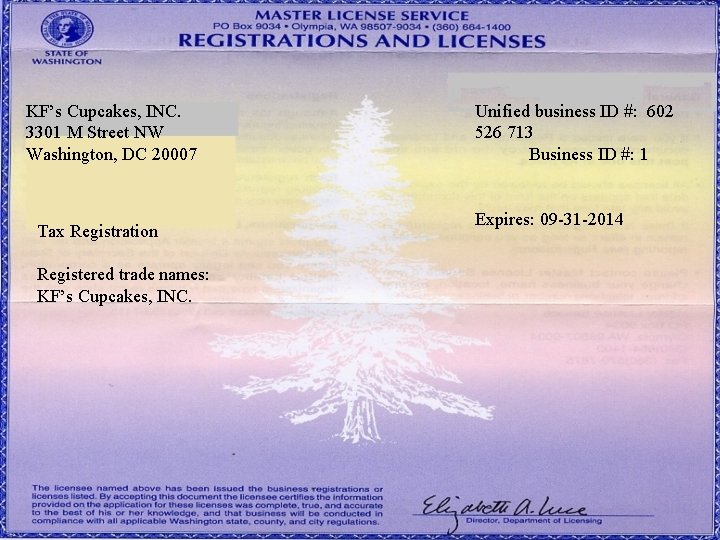 KF’s Cupcakes, INC. 3301 M Street NW Washington, DC 20007 Tax Registration Registered trade