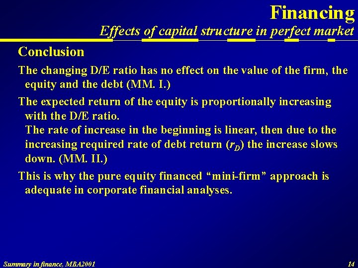 Financing Effects of capital structure in perfect market Conclusion The changing D/E ratio has