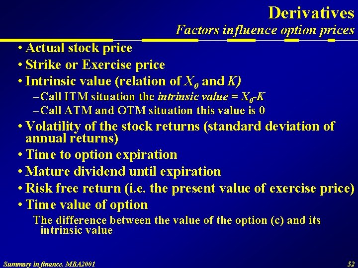 Derivatives Factors influence option prices • Actual stock price • Strike or Exercise price