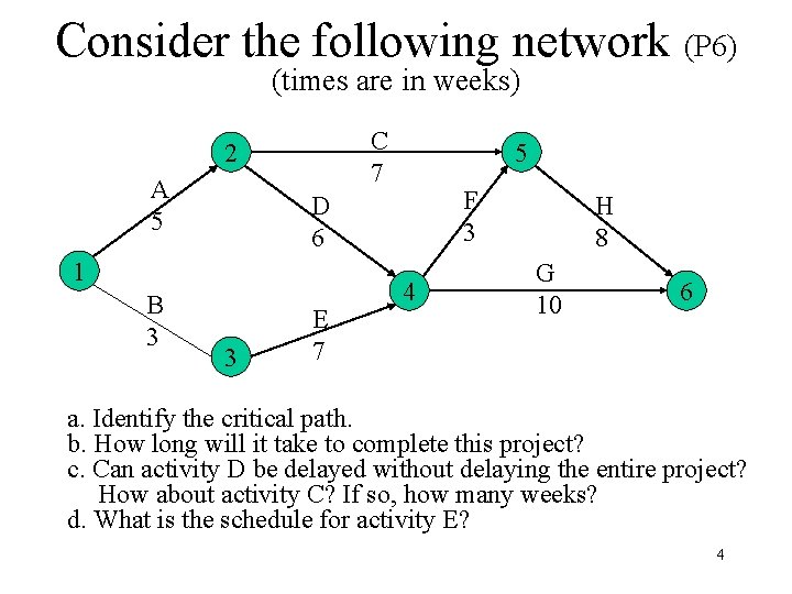 Consider the following network (P 6) (times are in weeks) C 7 2 A