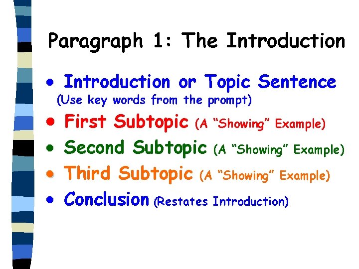 Paragraph 1: The Introduction · Introduction or Topic Sentence · (Use key words from