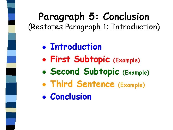 Paragraph 5: Conclusion (Restates Paragraph 1: Introduction) · · · Introduction First Subtopic (Example)
