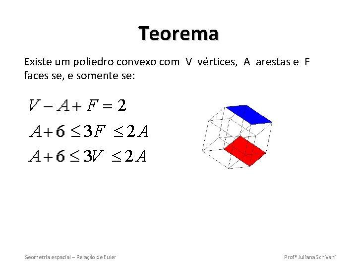 Teorema Existe um poliedro convexo com V vértices, A arestas e F faces se,