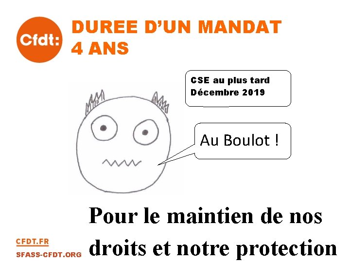 DUREE D’UN MANDAT 4 ANS CSE au plus tard Décembre 2019 Au Boulot !