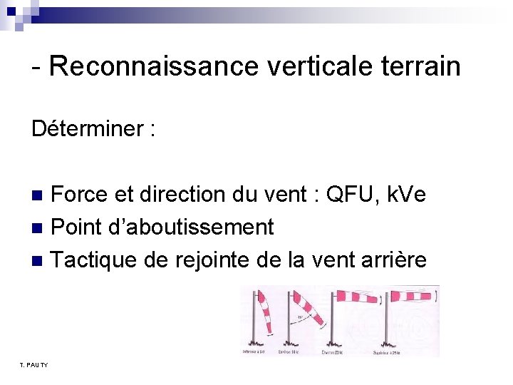 - Reconnaissance verticale terrain Déterminer : Force et direction du vent : QFU, k. - Reconnaissance verticale terrain Déterminer : Force et direction du vent : QFU, k.
