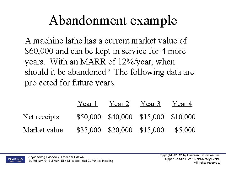 Abandonment example A machine lathe has a current market value of $60, 000 and